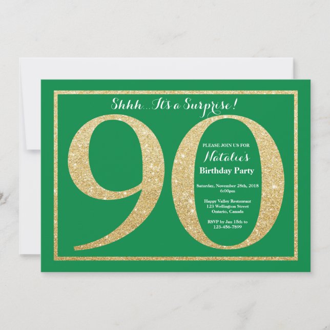 Invitación Sorpresa 90 cumpleaños Purpurina Verde y Oro (Anverso)