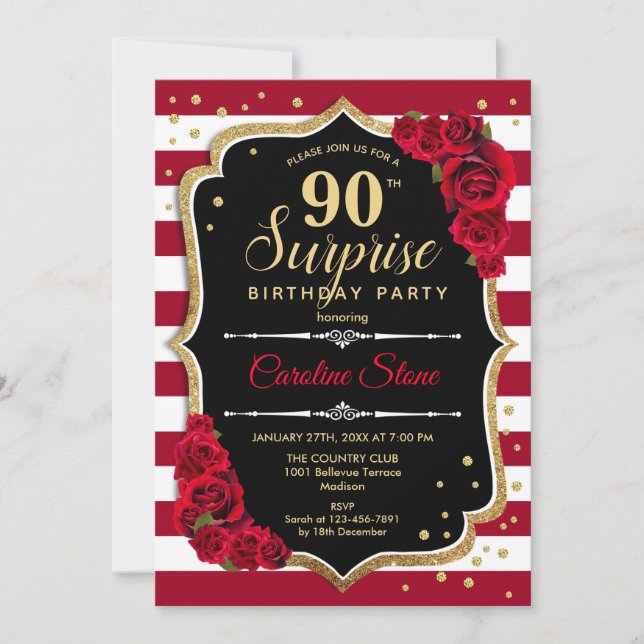Invitación Sorpresa 90 cumpleaños - Rojo blanco negro (Anverso)