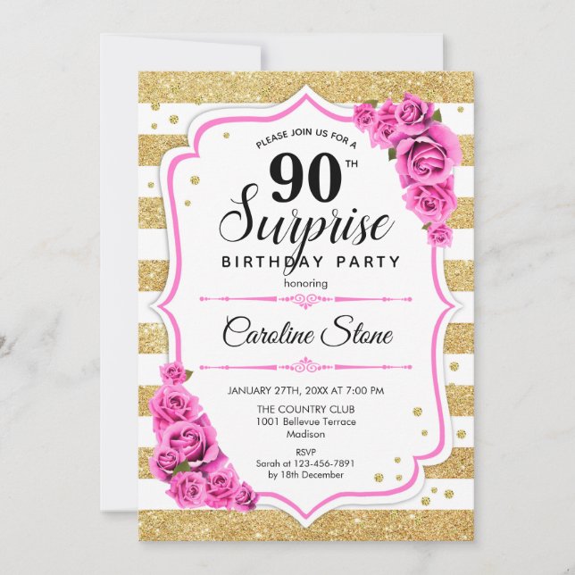 Invitación Sorpresa 90 cumpleaños - Rosa blanco dorado (Anverso)
