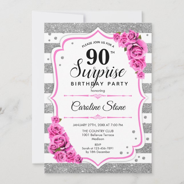 Invitación Sorpresa 90 cumpleaños - rosa blanco plateado (Anverso)