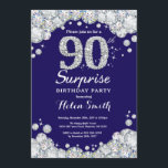 Invitación Sorpresa 90° Diamante Azul Plata de la Marina<br><div class="desc">Sorpresa 90 cumpleaños invitación. Antecedentes rojos del diamante Diamante de imitación azul marino y plateado. Elegante Bash cumpleaños. Cumpleaños de adultos. Cumpleaños de las mujeres. Cumpleaños de los hombres.
Para más personalización,  haga clic en el botón "Personalizar" y utilice nuestra herramienta de diseño para modificar esta plantilla.</div>