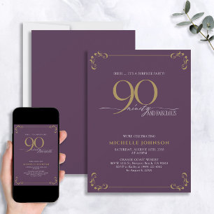 Invitación Sorpresa 90 y fabuloso cumpleaños morado y dorado