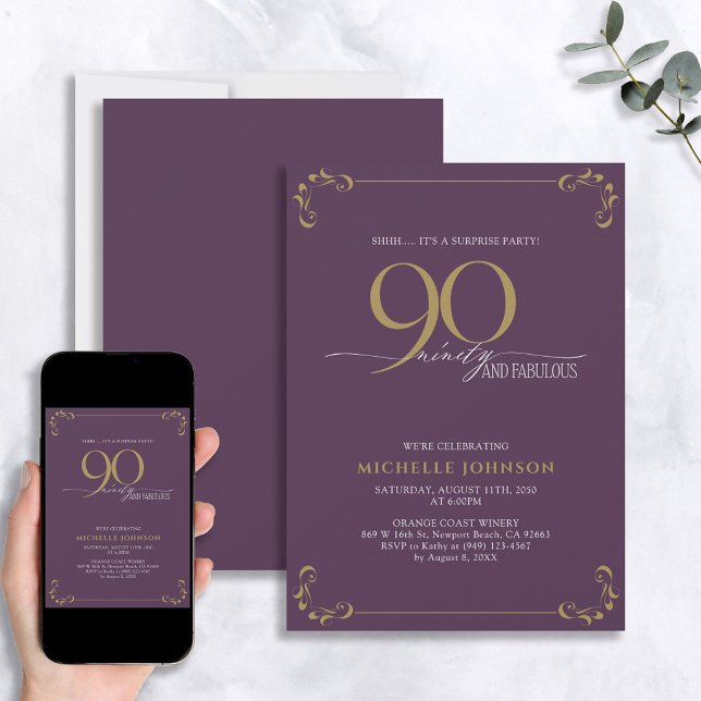 Invitación Sorpresa 90 y fabuloso cumpleaños morado y dorado (Subido por el creador)