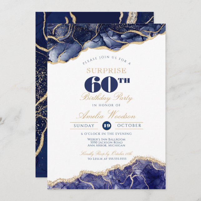 Invitación Sorpresa Adulto 60.ª Fiesta de Cumpleaños Elegante (Anverso / Reverso)