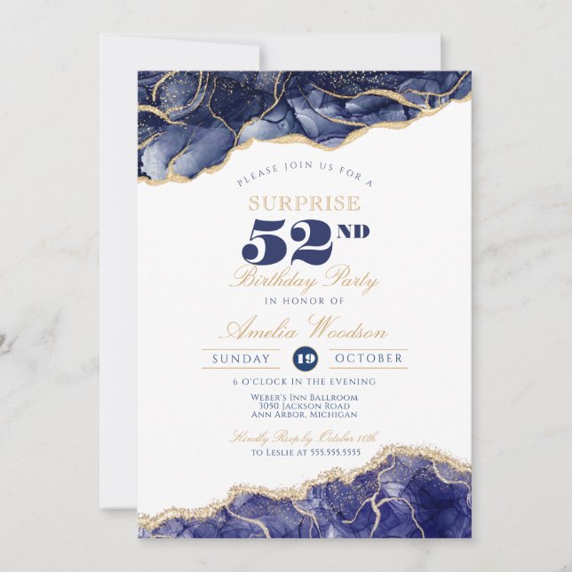 Invitación Sorpresa Adultos Cumpleaños Elegante Navy Agate Cu (Anverso)