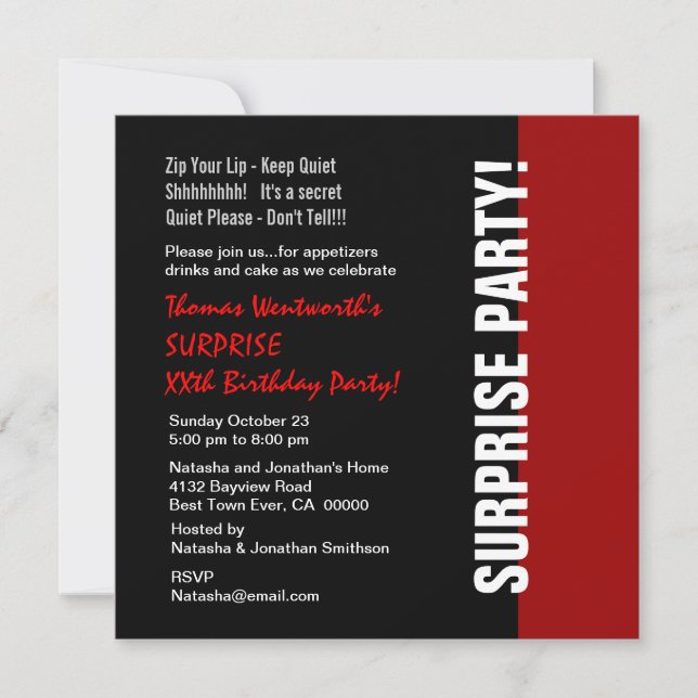 Invitación SORPRESA Año Cumpleaños Moderno Blanco Rojo Negro (Anverso)