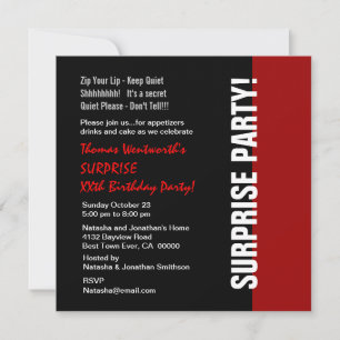 Invitación SORPRESA Año Cumpleaños Moderno Blanco Rojo Negro