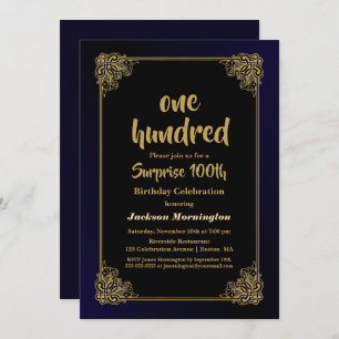 Invitación Sorpresa azul dorado decorativa 100 cumpleaños