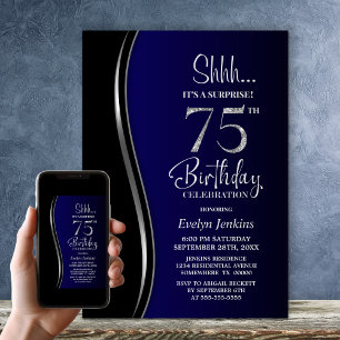 Invitación Sorpresa azul negro 75 cumpleaños
