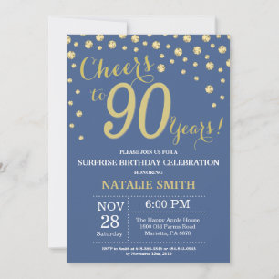 Invitación Sorpresa azul y dorada para el cumpleaños 90 Diama