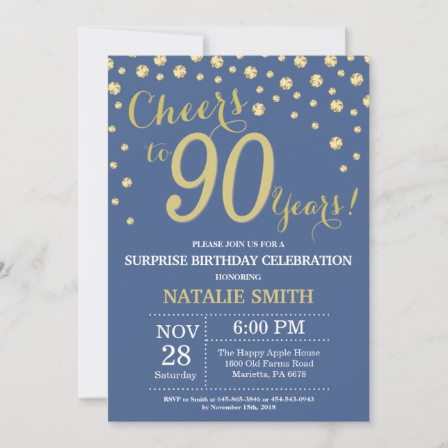 Invitación Sorpresa azul y dorada para el cumpleaños 90 Diama (Anverso)