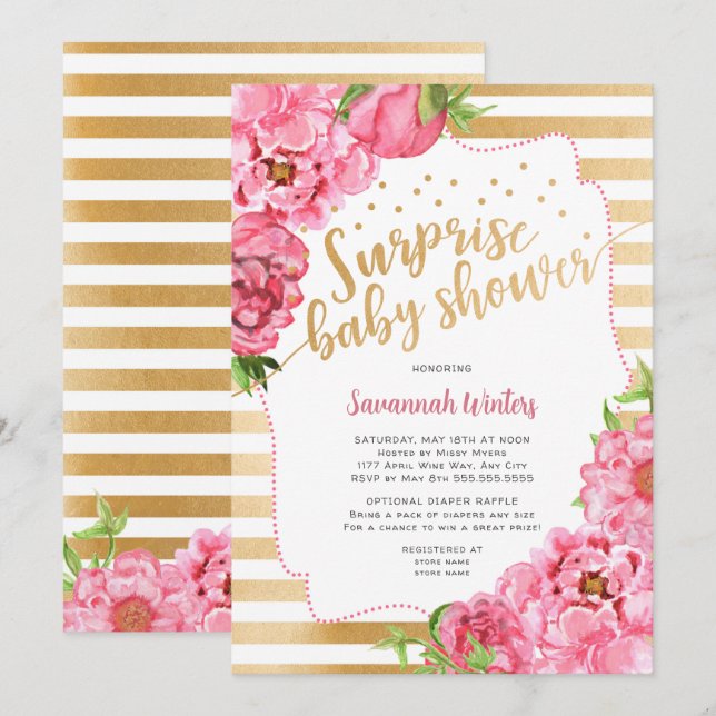 Invitación Sorpresa Baby Shower | peonatos de oro rosa (Anverso / Reverso)