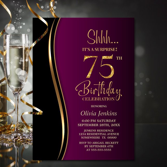 Invitación Sorpresa Black Gold Pink 75th Birthday (Subido por el creador)