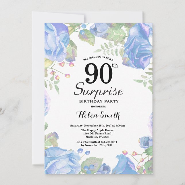 Invitación Sorpresa Botánica Azul Floral 90 cumpleaños (Anverso)