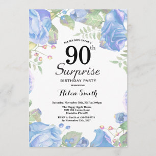 Invitación Sorpresa Botánica Azul Floral 90 cumpleaños