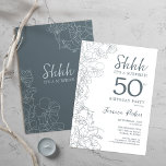 Invitación Sorpresa botánica blanca de pizarra azul 50 cumple<br><div class="desc">Invitación a los 50 años de la pizarra Blue White Botanical Surprise. El diseño femenino moderno minimalista presenta acentos botánicos y tipografía. Sencilla tarjeta de invitación floral perfecta para una elegante celebración de cumpleaños sorpresa femenina.</div>