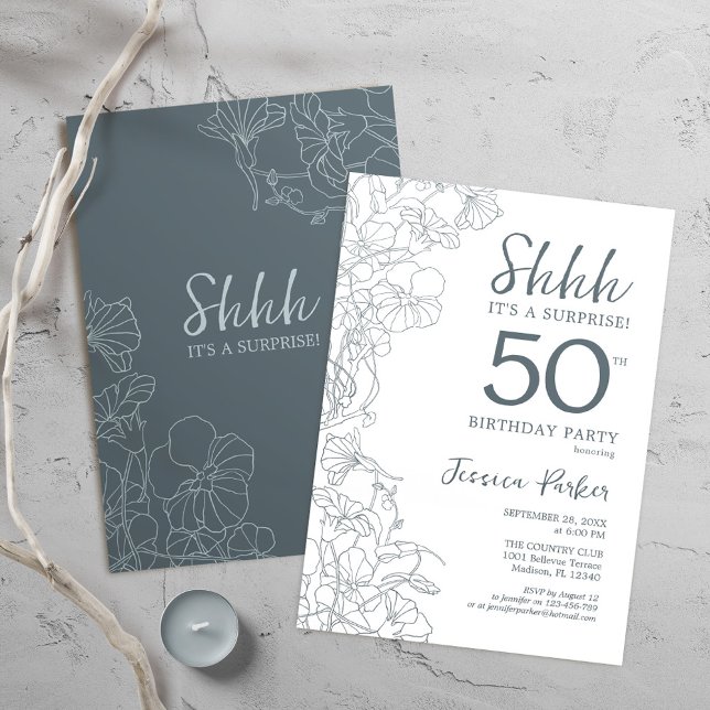 Invitación Sorpresa botánica blanca de pizarra azul 50 cumple (Subido por el creador)