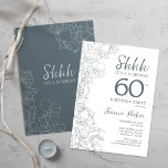 Invitación Sorpresa botánica blanca de pizarra azul 60 cumple<br><div class="desc">Invitación a los 60º cumpleaños de Slate Blue White Botanical Surprise. El diseño femenino moderno minimalista presenta acentos botánicos y tipografía. Sencilla tarjeta de invitación floral perfecta para una elegante celebración de cumpleaños sorpresa femenina.</div>