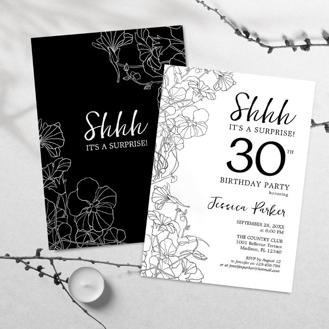 Invitación Sorpresa botánica blanca negra, cumpleaños número  (Subido por el creador)