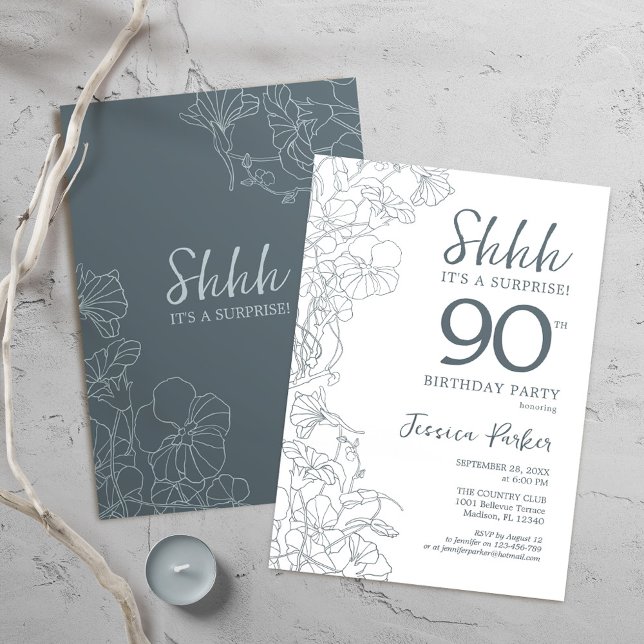 Invitación Sorpresa botánica de Slate Blue White 90 cumpleaño (Subido por el creador)