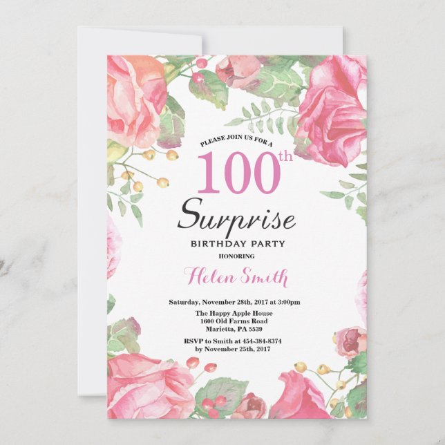 Invitación Sorpresa Botánica Floral 100 cumpleaños (Anverso)