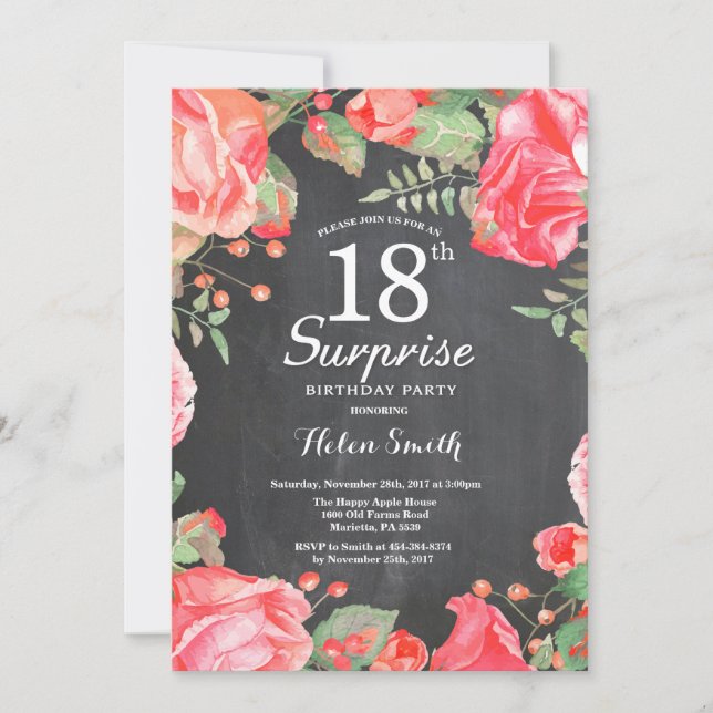 Invitación Sorpresa Botánica Rojo Floral 18 cumpleaños (Anverso)