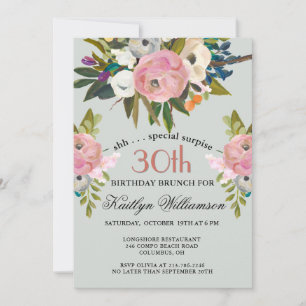 Invitación Sorpresa Brunch Elegante Floral Cumpleaños 30