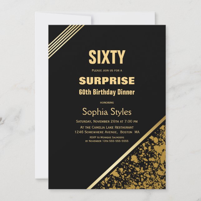 Invitación Sorpresa cena de cumpleaños 60 moderno negro y dor (Anverso)
