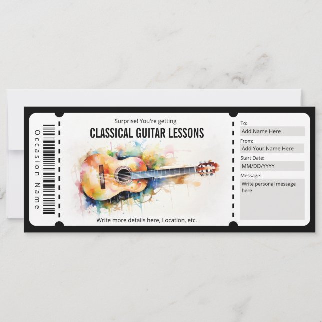 Invitación Sorpresa Clásica Guitarra Lecciones Gift Voucher (Anverso)