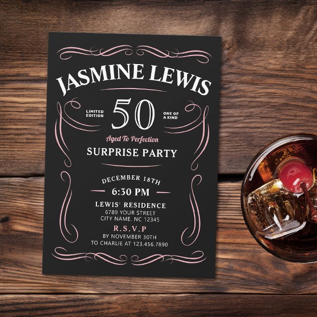 Invitación Sorpresa con tema de Pink Any Age Whiskey 50 cumpl (Pink Any Age Whiskey themed surprise 50th birthday Invitation)