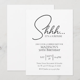 Invitación Sorpresa Cualquier Edad 30 cumpleaños negro y blan