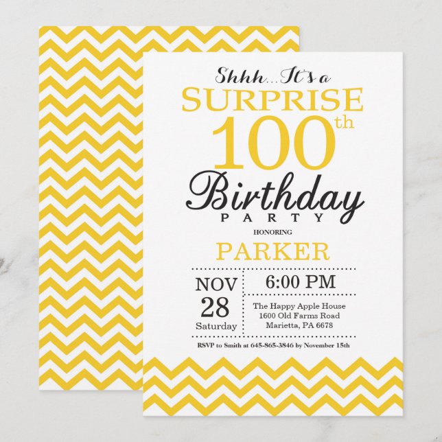 Invitación Sorpresa Cumpleaños 100 Amarillo Chevron (Anverso / Reverso)