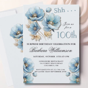 Invitación Sorpresa Cumpleaños 100 Años Floral Azul Elegante