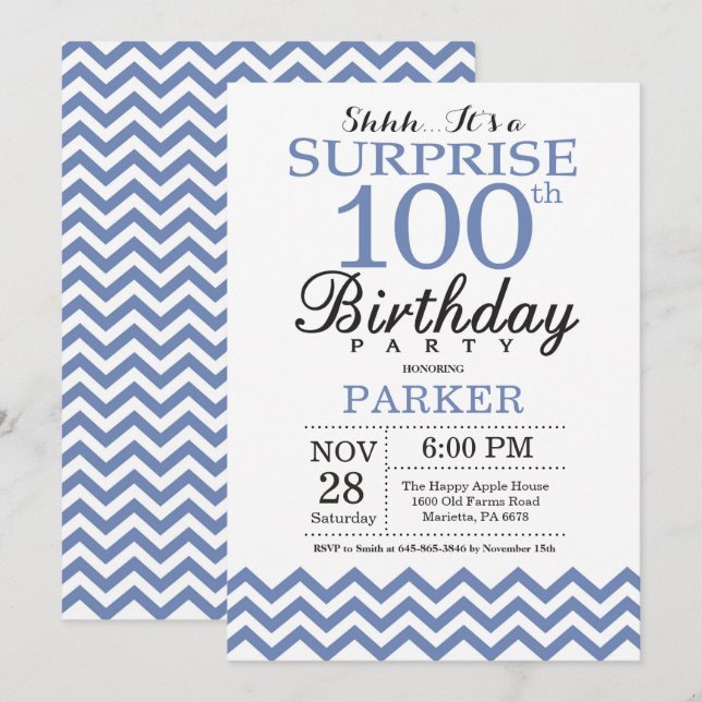 Invitación Sorpresa Cumpleaños 100 Azul Chevron (Anverso / Reverso)