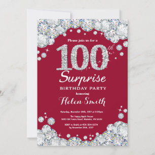 Invitación Sorpresa Cumpleaños 100 Burgundy Plata Diamante