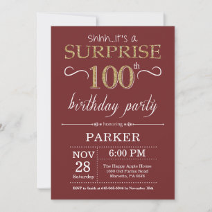 Invitación Sorpresa Cumpleaños 100 Burgundy y Glitter Dorado