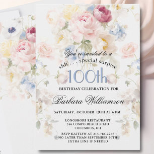 Invitación Sorpresa Cumpleaños 100 Elegante Floral Pintado