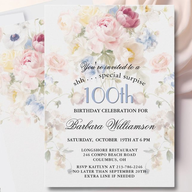 Invitación Sorpresa Cumpleaños 100 Elegante Floral Pintado (Subido por el creador)