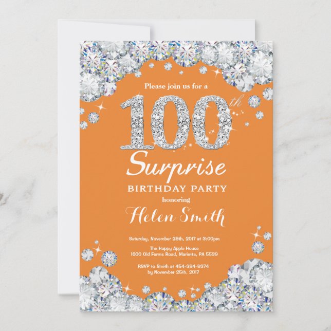 Invitación Sorpresa Cumpleaños 100 Naranja y Diamante de Plat (Anverso)