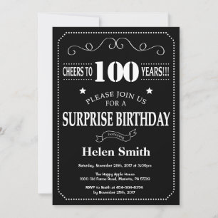 Invitación Sorpresa Cumpleaños 100 Negro y Blanco Pizarra