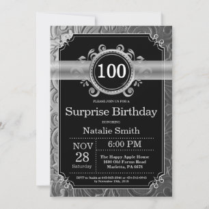 Invitación Sorpresa Cumpleaños 100 Negro y Brillo Plateado