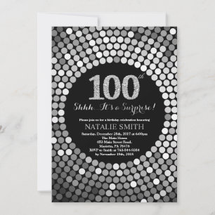 Invitación Sorpresa cumpleaños 100 negro y brillo plateado