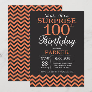 Invitación Sorpresa cumpleaños 100 negro y Chevron coral