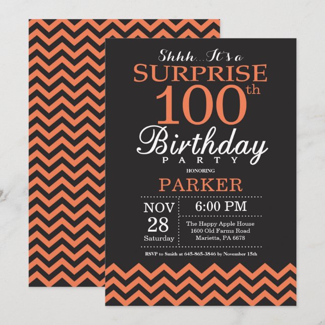 Invitación Sorpresa cumpleaños 100 negro y Chevron coral (Anverso / Reverso)