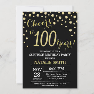 Invitación Sorpresa Cumpleaños 100 Negro y Diamante Dorado