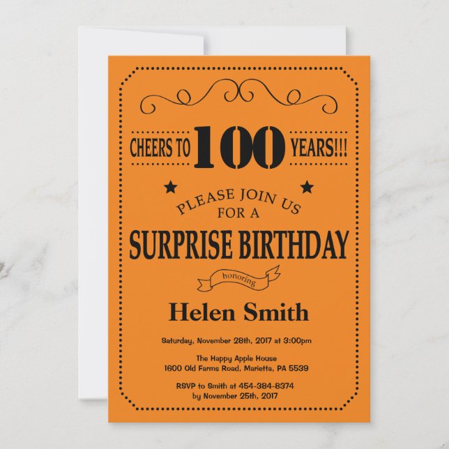 Invitación Sorpresa cumpleaños 100 negro y naranja (Anverso)