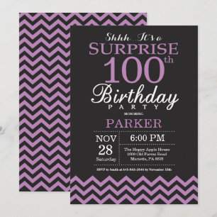 Invitación Sorpresa cumpleaños 100 negro y púrpura