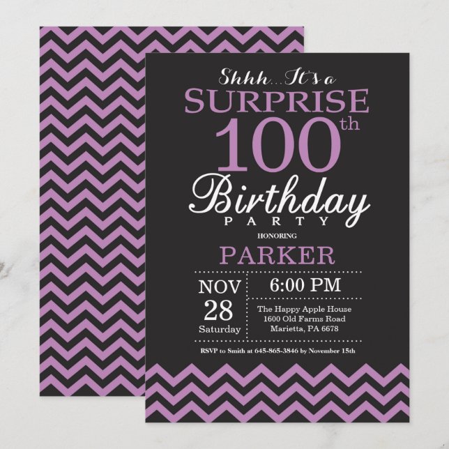 Invitación Sorpresa cumpleaños 100 negro y púrpura (Anverso / Reverso)