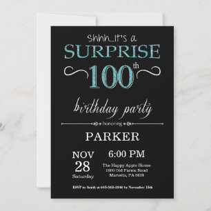 Invitación Sorpresa Cumpleaños 100 Negro y Verde Azulado