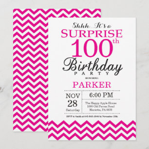 Invitación Sorpresa Cumpleaños 100 Rosa Caliente Chevron